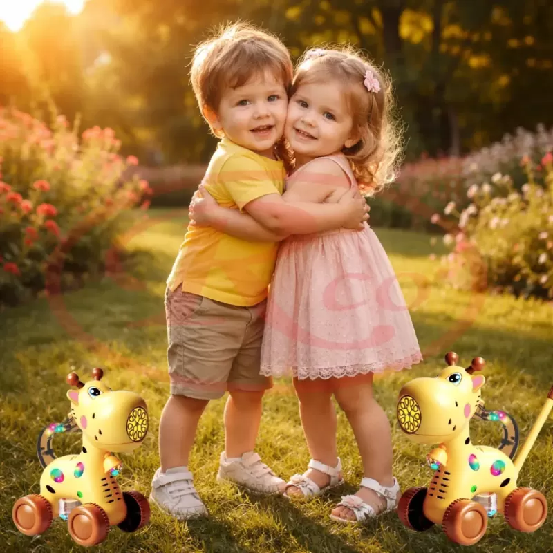 Jucarie interactiva 2 in 1 de impins cu baloane de sapun si lumini LED – Girafa, lansator automat 10 orificii, baterie reincarcabila USB