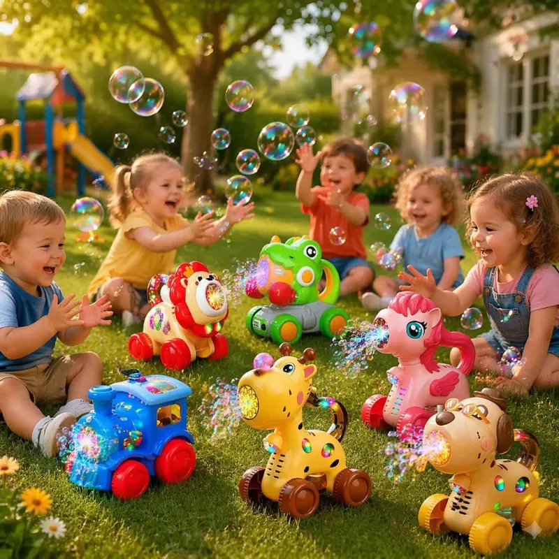 Jucarie interactiva 2 in 1 de impins cu baloane de sapun si lumini LED – Unicorn, lansator automat 10 orificii, baterie reincarcabila USB