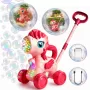 Jucarie interactiva 2 in 1 de impins cu baloane de sapun si lumini LED – Unicorn, generator automat 10 orificii, baterie reincarcabila USB