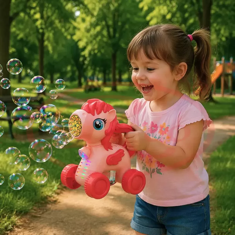 Jucarie interactiva 2 in 1 de impins cu baloane de sapun si lumini LED – Unicorn, lansator automat 10 orificii, baterie reincarcabila USB