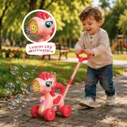 Jucarie interactiva 2 in 1 de impins cu baloane de sapun si lumini LED – Unicorn, lansator automat 10 orificii, baterie reincarcabila USB