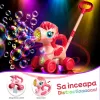 Jucarie interactiva 2 in 1 de impins cu baloane de sapun si lumini LED – Unicorn, lansator automat 10 orificii, baterie reincarcabila USB