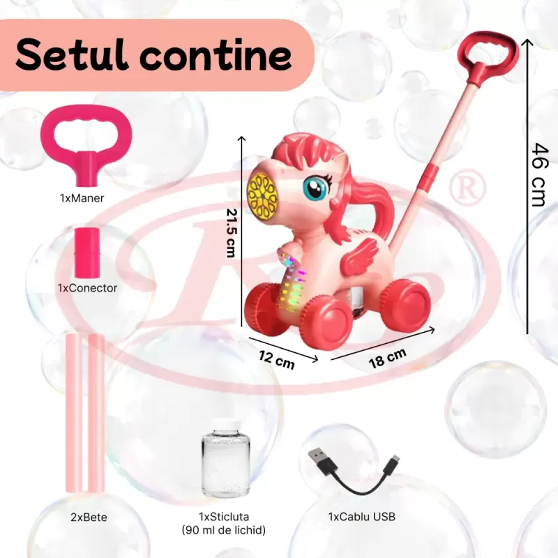 Jucarie interactiva 2 in 1 de impins cu baloane de sapun si lumini LED – Unicorn, lansator automat 10 orificii, baterie reincarcabila USB