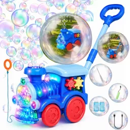 Jucarie interactiva 4 in 1 de impins cu baloane de sapun si lumini LED – Locomotiva, lansator automat, baterie reincarcabila USB