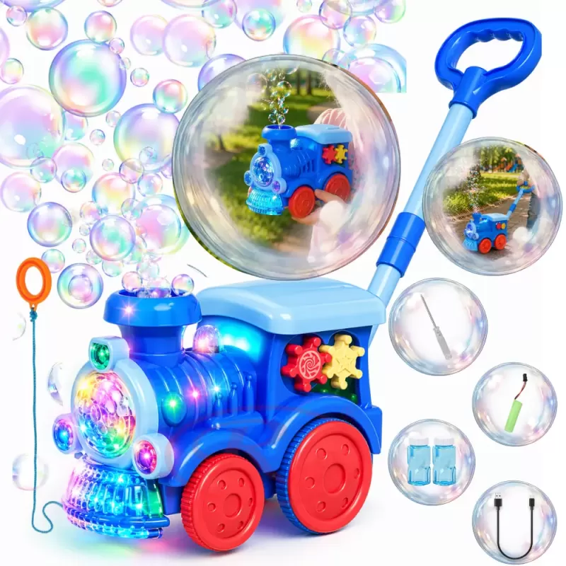 Jucarie interactiva 4 in 1 de impins cu baloane de sapun si lumini LED – Locomotiva, lansator automat, baterie reincarcabila USB