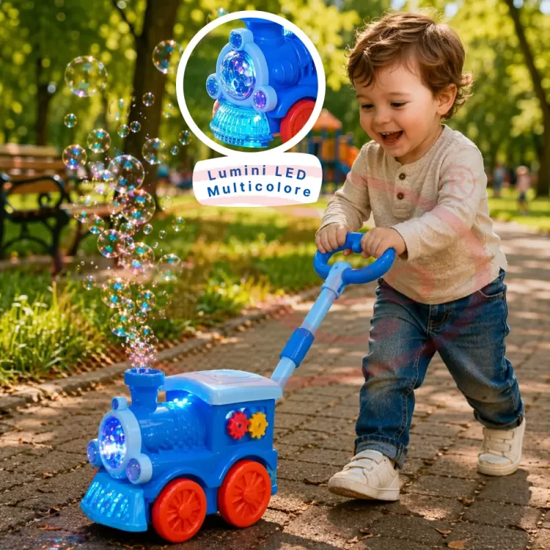 Jucarie interactiva 4 in 1 de impins cu baloane de sapun si lumini LED – Locomotiva, lansator automat, baterie reincarcabila USB