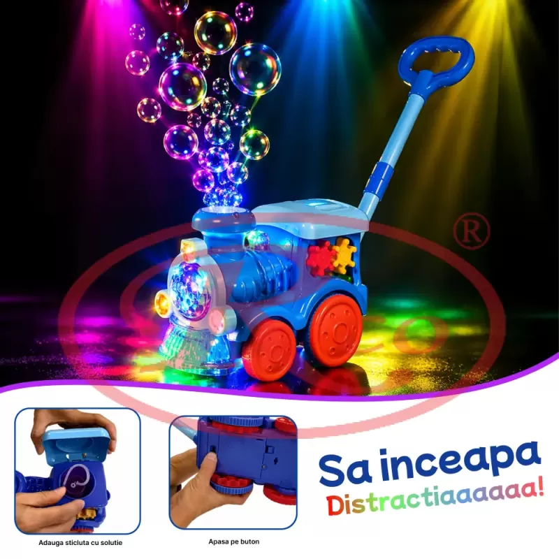 Jucarie interactiva 4 in 1 de impins cu baloane de sapun si lumini LED – Locomotiva, lansator automat, baterie reincarcabila USB