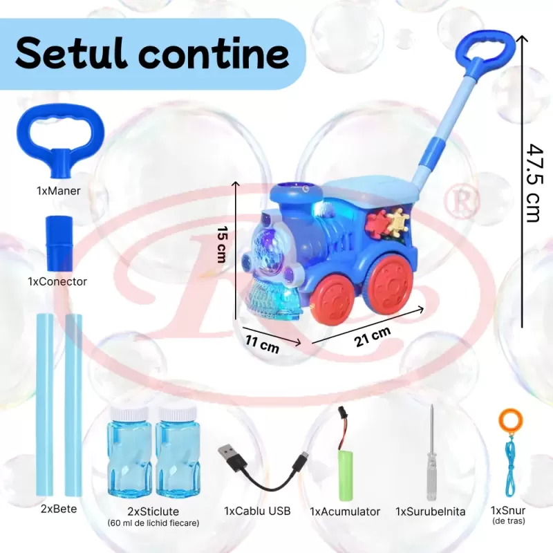 Jucarie interactiva 4 in 1 de impins cu baloane de sapun si lumini LED – Locomotiva, lansator automat, baterie reincarcabila USB
