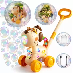 Jucarie interactiva 2 in 1 de impins cu baloane de sapun si lumini LED – Catel, lansator automat 10 orificii, baterie reincarcabila USB