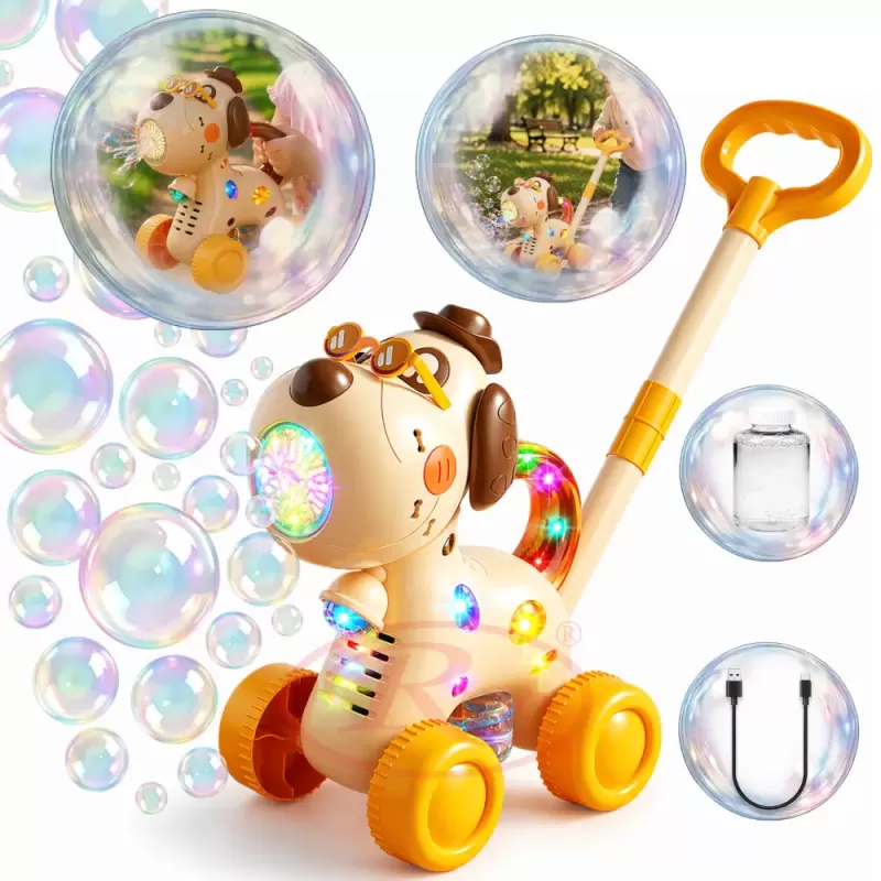 Jucarie interactiva 2 in 1 de impins cu baloane de sapun si lumini LED – Catel, lansator automat 10 orificii, baterie reincarcabila USB