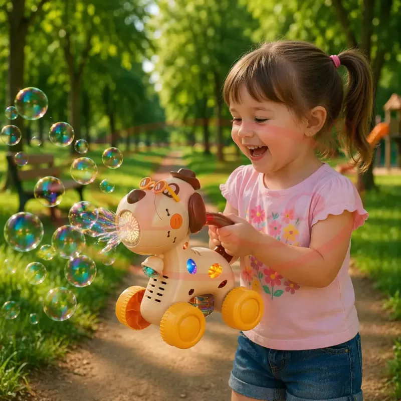 Jucarie interactiva 2 in 1 de impins cu baloane de sapun si lumini LED – Catel, lansator automat 10 orificii, baterie reincarcabila USB