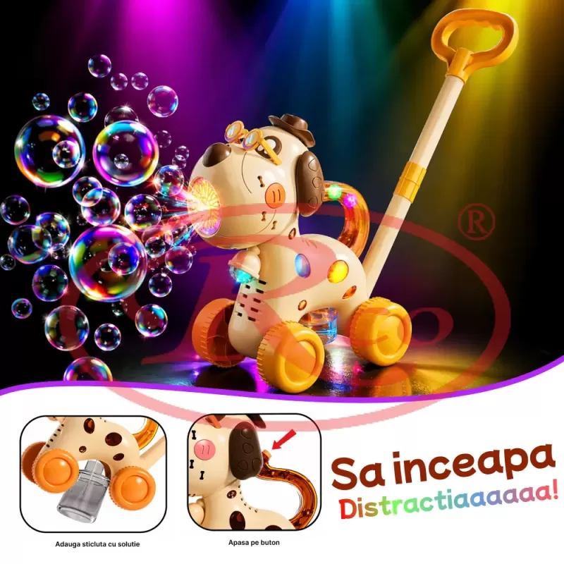 Jucarie interactiva 2 in 1 de impins cu baloane de sapun si lumini LED – Catel, lansator automat 10 orificii, baterie reincarcabila USB