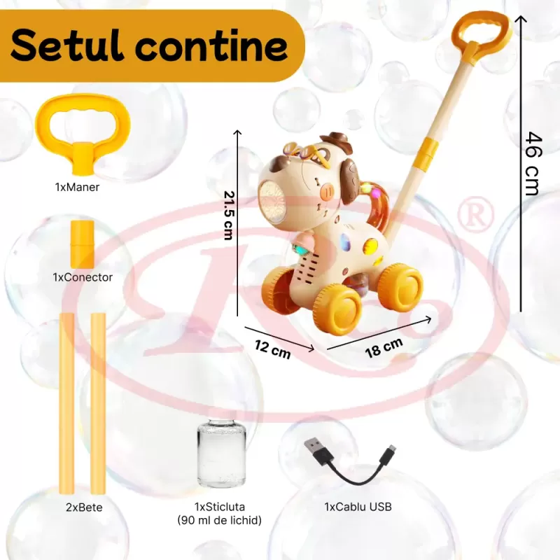 Jucarie interactiva 2 in 1 de impins cu baloane de sapun si lumini LED – Catel, lansator automat 10 orificii, baterie reincarcabila USB