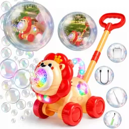 Jucarie interactiva 2 in 1 de impins cu baloane de sapun si lumini LED – Leu, lansator automat 10 orificii, baterie reincarcabila USB