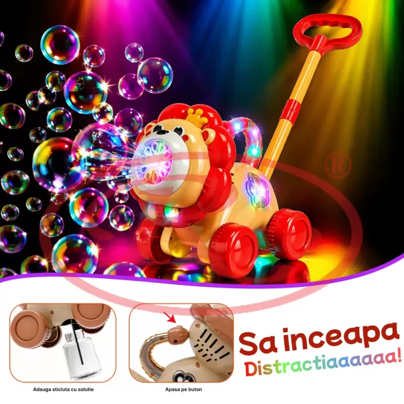 Jucarie interactiva 2 in 1 de impins cu baloane de sapun si lumini LED – Leu, lansator automat 10 orificii, baterie reincarcabila USB