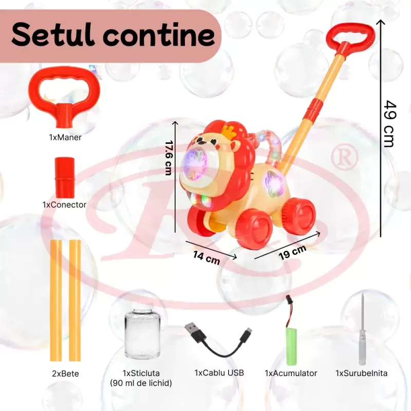 Jucarie interactiva 2 in 1 de impins cu baloane de sapun si lumini LED – Leu, lansator automat 10 orificii, baterie reincarcabila USB