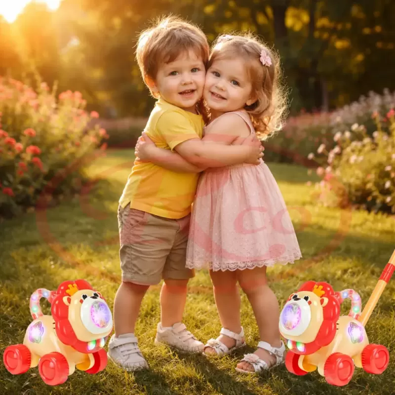 Jucarie interactiva 2 in 1 de impins cu baloane de sapun si lumini LED – Leu, lansator automat 10 orificii, baterie reincarcabila USB