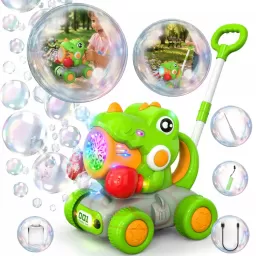 Jucarie interactiva 2 in 1 de impins cu baloane de sapun si lumini LED – Dinozaur, lansator automat 10 orificii, baterie reincarcabila USB