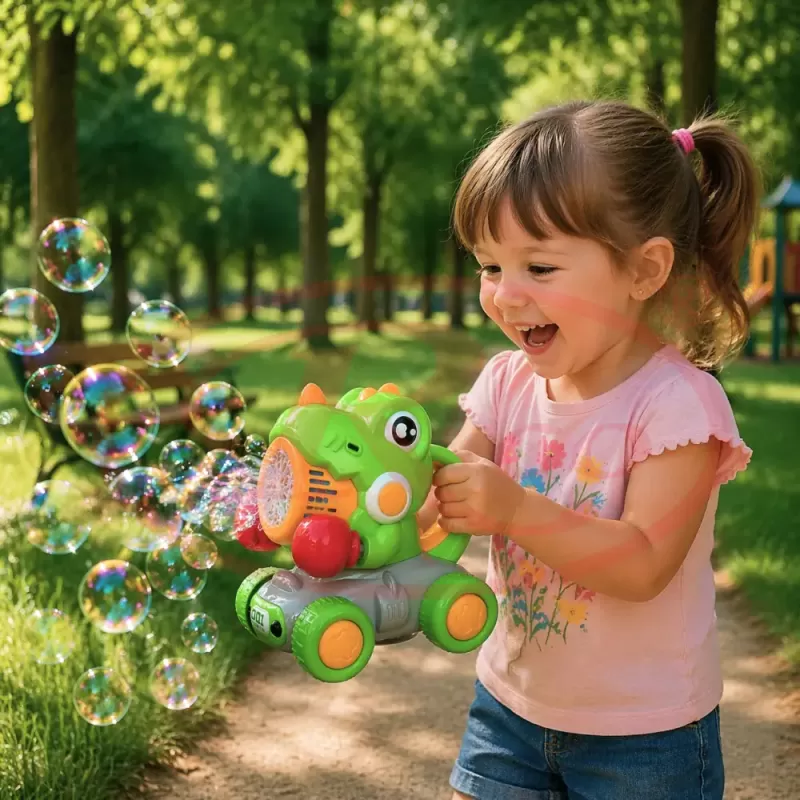 Jucarie interactiva 2 in 1 de impins cu baloane de sapun si lumini LED – Dinozaur, lansator automat 10 orificii, baterie reincarcabila USB