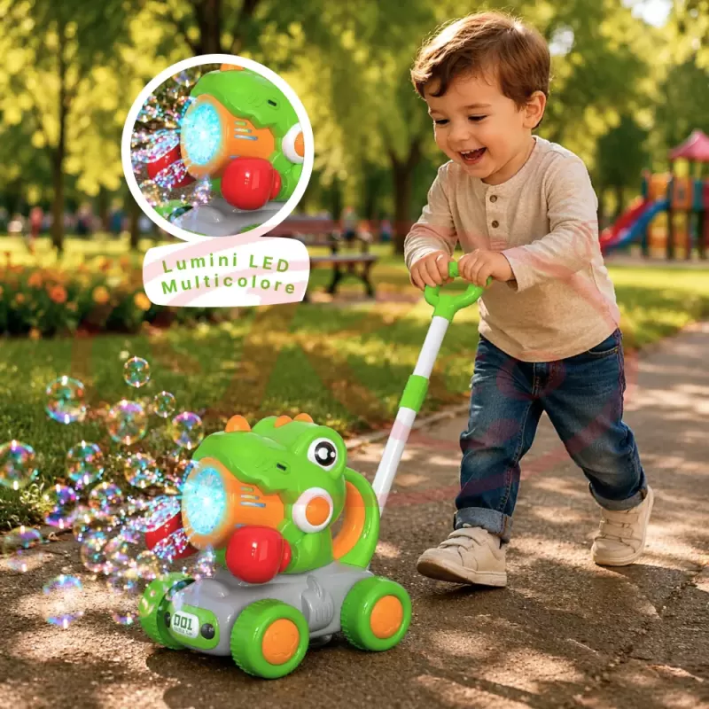 Jucarie interactiva 2 in 1 de impins cu baloane de sapun si lumini LED – Dinozaur, lansator automat 10 orificii, baterie reincarcabila USB