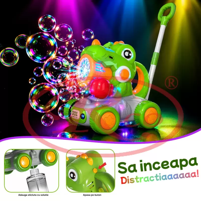 Jucarie interactiva 2 in 1 de impins cu baloane de sapun si lumini LED – Dinozaur, lansator automat 10 orificii, baterie reincarcabila USB