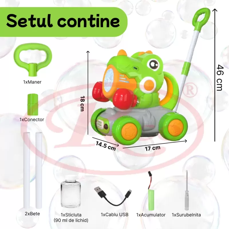 Jucarie interactiva 2 in 1 de impins cu baloane de sapun si lumini LED – Dinozaur, lansator automat 10 orificii, baterie reincarcabila USB