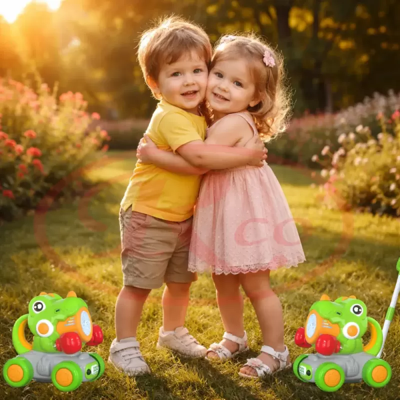 Jucarie interactiva 2 in 1 de impins cu baloane de sapun si lumini LED – Dinozaur, lansator automat 10 orificii, baterie reincarcabila USB