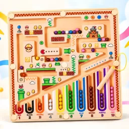 Joc educativ magnetic cu bile, labirint si sortare culori si numere, stilou inclus, 18 x 18 cm, 3+ ani