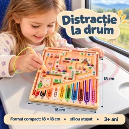Joc educativ magnetic cu bile, labirint si sortare culori si numere, stilou inclus, 18 x 18 cm, 3+ ani