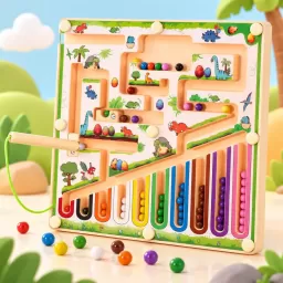 Joc educativ magnetic cu bile, labirint si sortare cu tematica dinozauri. culori si numere, stilou inclus, 18 x 18 cm, 3+ ani