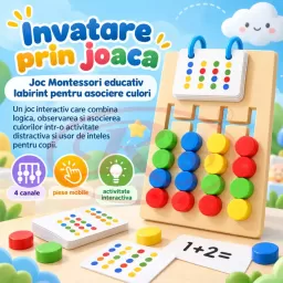 Joc Montessori educativ labirint, pentru asociere culori si numere, din plastic, 17 cm,  +3 ani