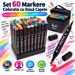 Set 60 markere colorate cu doua capete, varf fin si lat, suport din plastic si gentuta transport pentru desen si colorat