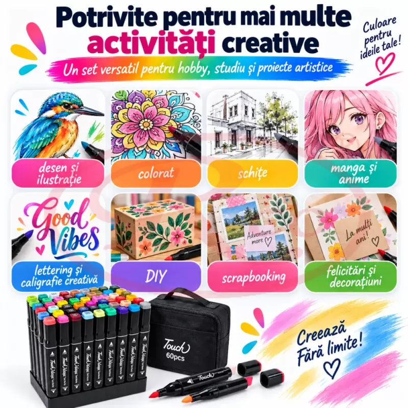 Set multicolor cu gentuta si suport pentru manga, lettering si proiecte creative