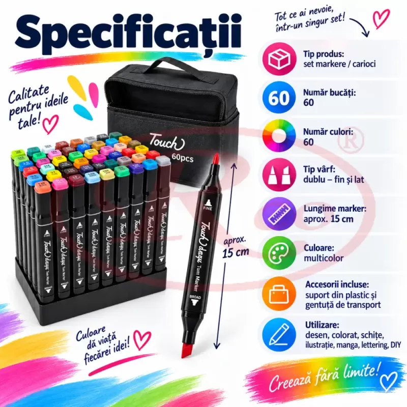 Set multicolor cu gentuta si suport pentru manga, lettering si proiecte creative