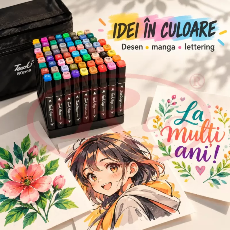 Set multicolor cu gentuta si suport pentru manga, lettering si proiecte creative
