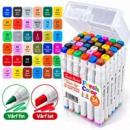 Set 36 markere tip carioci colorate cu doua capete, cerneala pe baza de alcool, varf fin/lat, cutie cu maner din plastic pentru depozitare