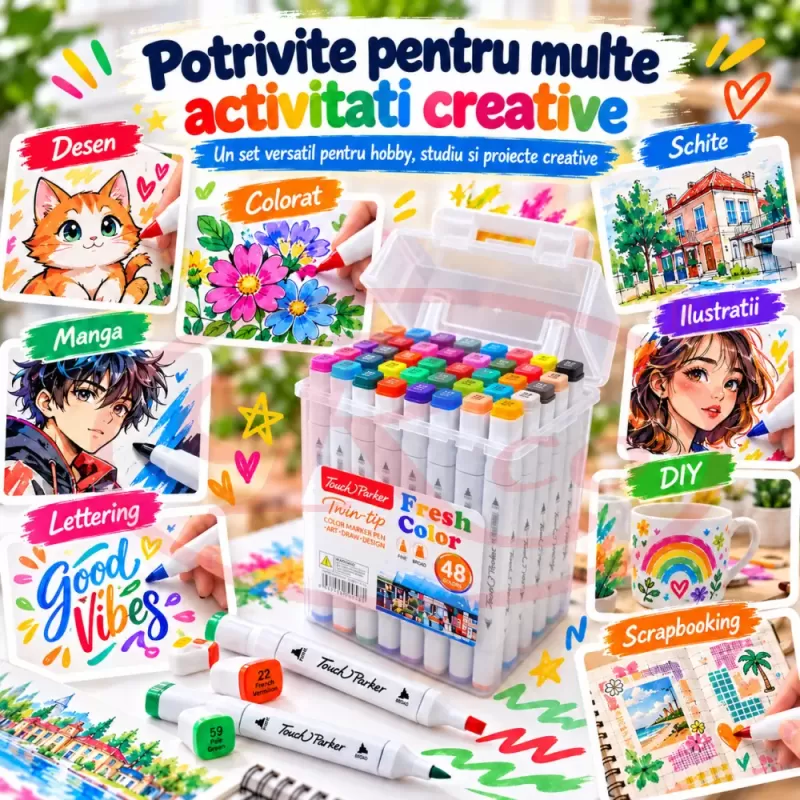 Set multicolor cu gentuta si suport pentru manga, lettering si proiecte creative