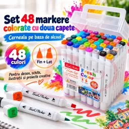 Set 48 markere tip carioci colorate cu doua capete, cerneala pe baza de alcool, varf fin/lat, cutie cu maner din plastic pentru depozitare