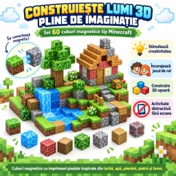 Set 60 cuburi magnetice tip Minecraft – jucarie STEM de construit pentru copii