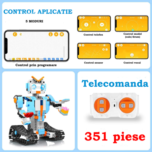 Jucarie educativa si interactiva STEM, set de constructie Robotel cu senile, 351 piese, telecomanda si control prin telefon, +8