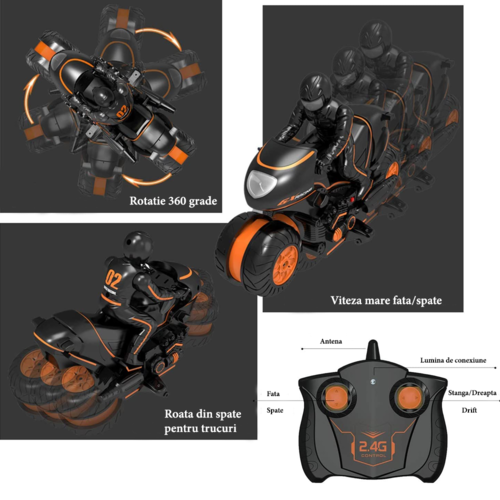Jucarie motocicleta Drift Stunt, rotatie 360 grade, control prin telecomanda, 2.4GHz, 20m, Portocaliu