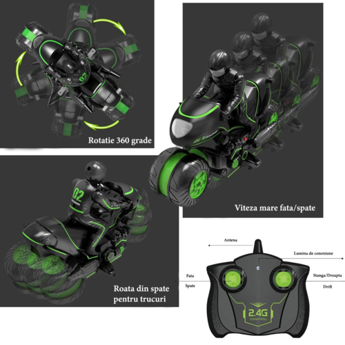 Jucarie motocicleta Drift Stunt, rotatie 360 grade, control prin telecomanda, 2.4GHz, 20m, Verde