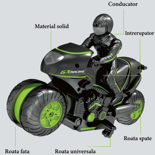 Jucarie motocicleta Drift Stunt, rotatie 360 grade, control prin telecomanda, 2.4GHz, 20m, Verde