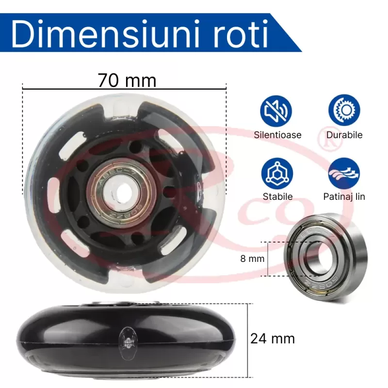 Roti role inline cu lumini LED 70mm / 84A, ABEC7, PU, set 8 bucati, pentru interior & exterior