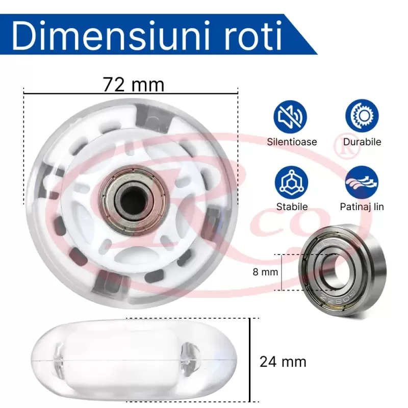 Roti inline cu LED fara baterii, fabricate din PU, compatibile cu axe de 6 mm si 8 mm