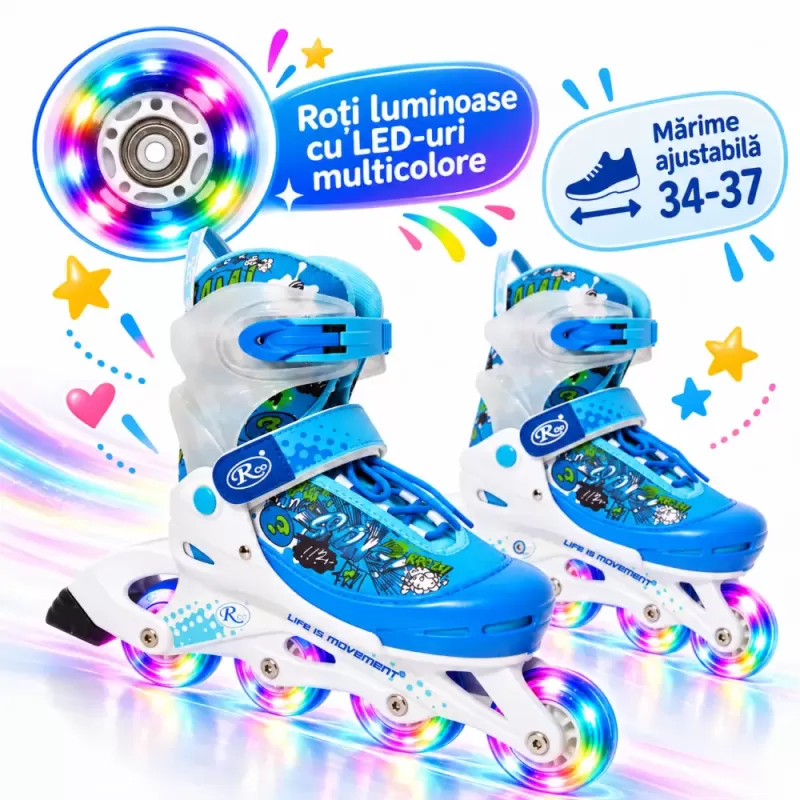 Pereche de role reglabile RCO SS5004M, marimea 34–37, cu roti LED multicolore