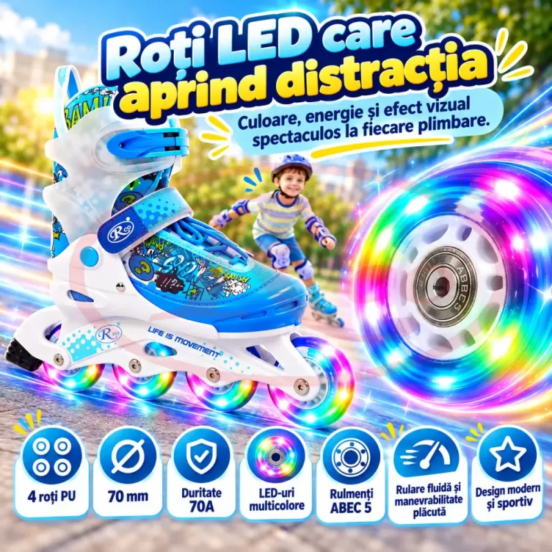 Pereche de role reglabile RCO SS5004M, marimea 34–37, cu roti LED multicolore