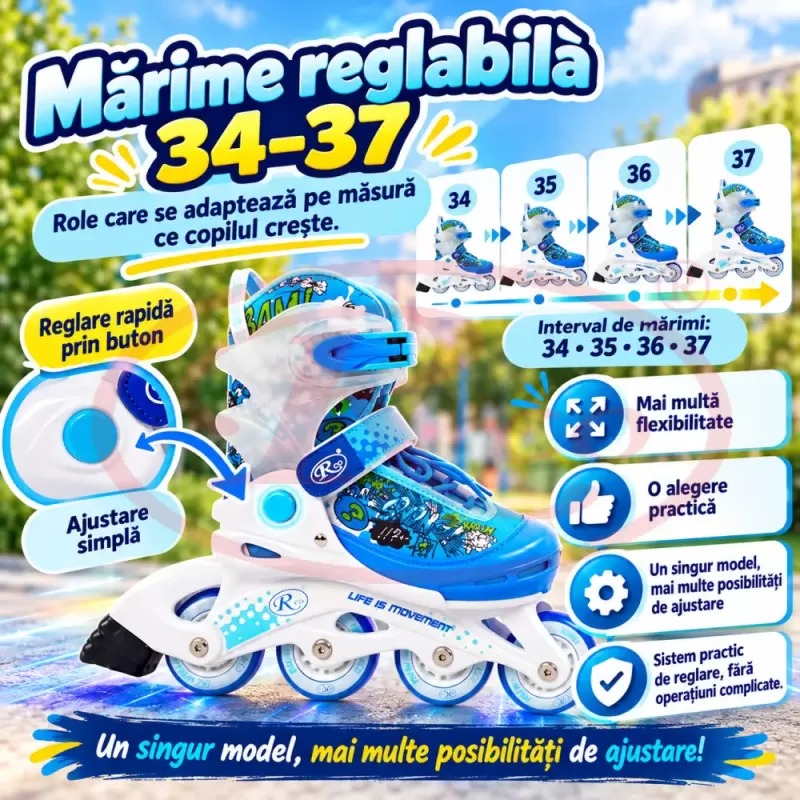 Pereche de role reglabile RCO SS5004M, marimea 34–37, cu roti LED multicolore