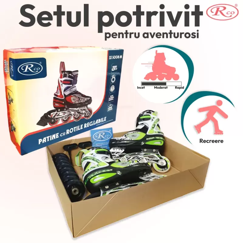 Role reglabile RCO, marimea 35-38, rulmenti ABEC 7, sasiu aluminiu, set reserve 8 roti PU cu LED-uri