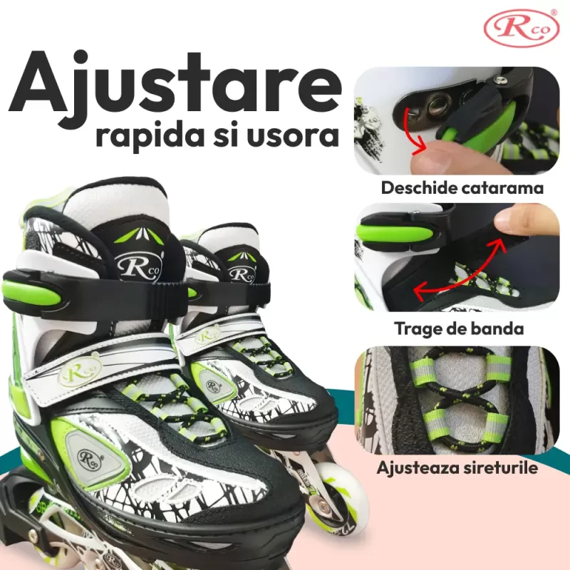 Role reglabile RCO, marimea 35-38, rulmenti ABEC 7, sasiu aluminiu, set reserve 8 roti PU cu LED-uri